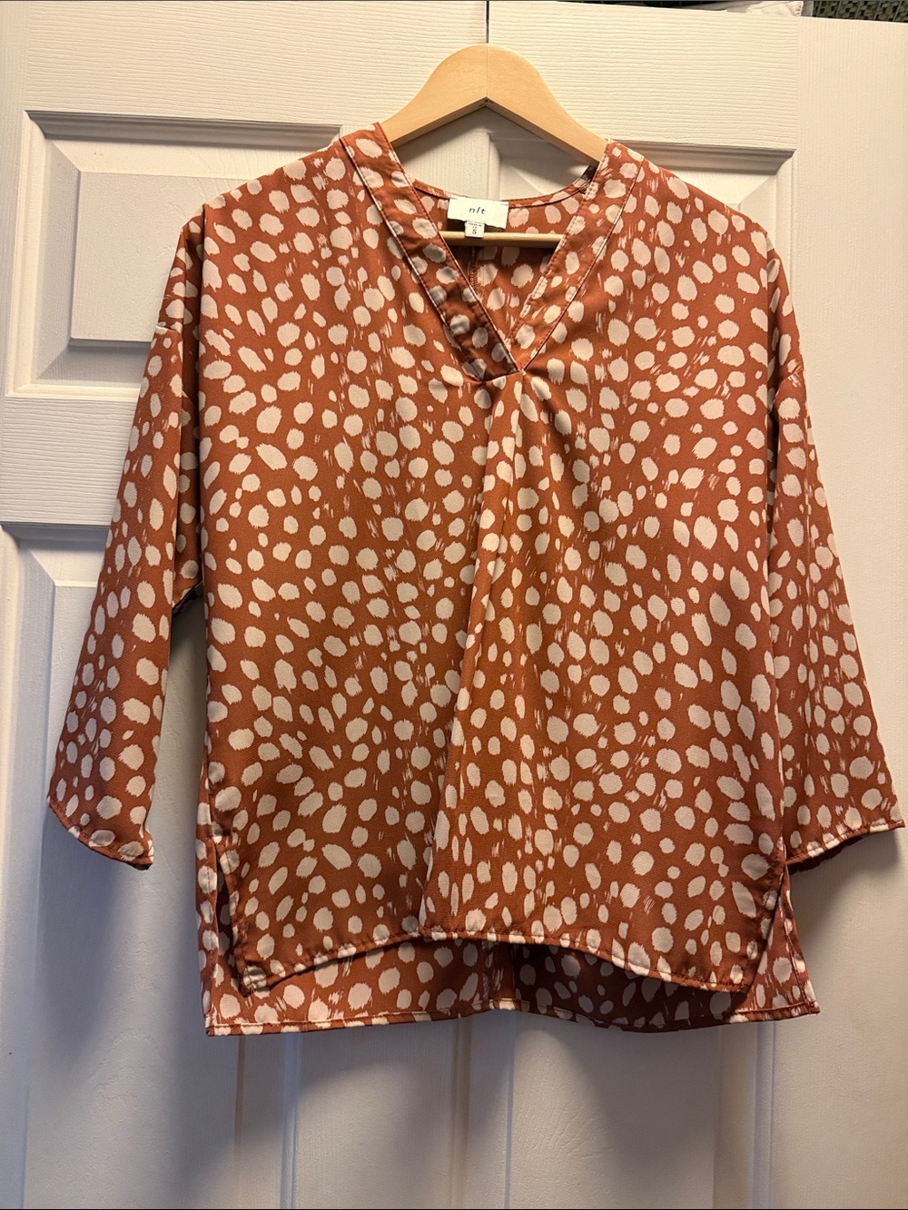 Relaxed V-Neck Spot Print Blouse in Rust and Cream